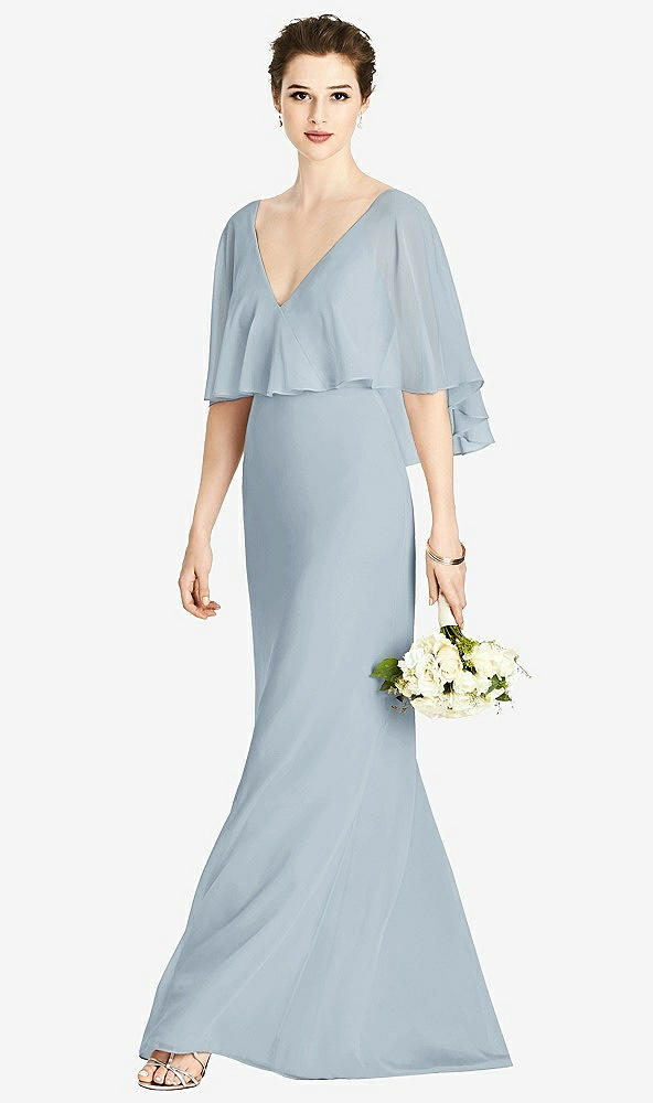 Front View - Mist V-Back Trumpet Gown with Draped Cape Overlay