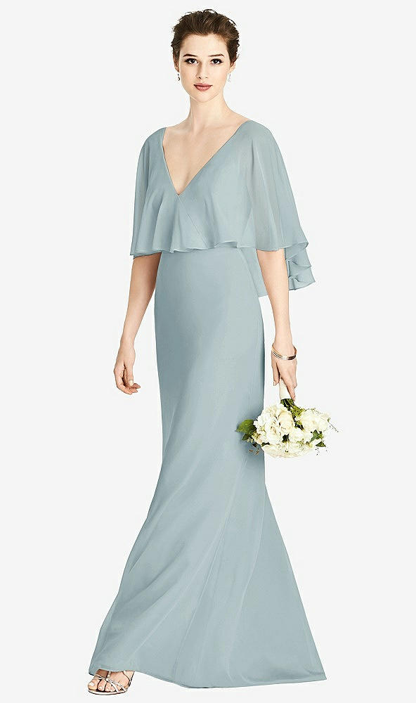 Front View - Morning Sky V-Back Trumpet Gown with Draped Cape Overlay