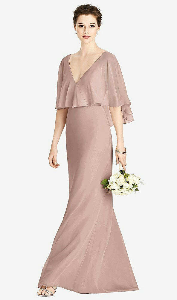 Front View - Neu Nude V-Back Trumpet Gown with Draped Cape Overlay