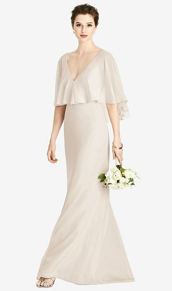 Front View - Oat V-Back Trumpet Gown with Draped Cape Overlay