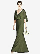 Front View Thumbnail - Olive Green V-Back Trumpet Gown with Draped Cape Overlay