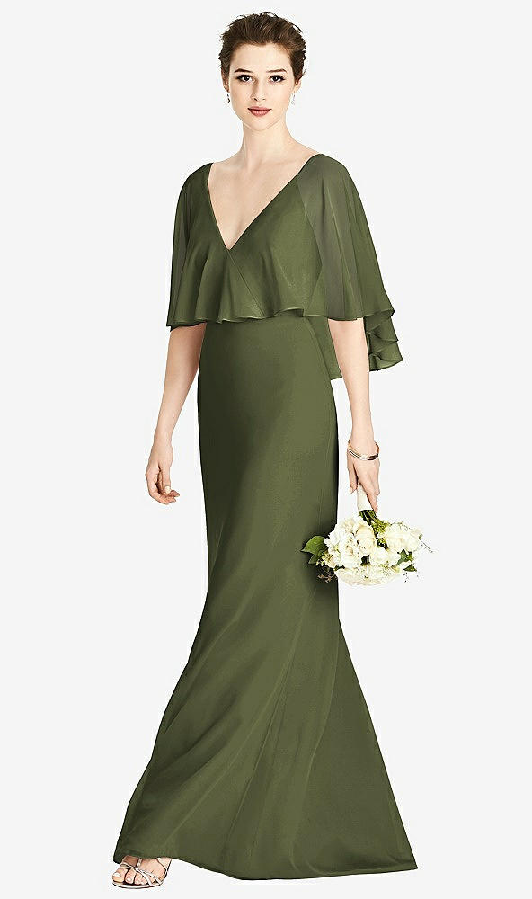 Front View - Olive Green V-Back Trumpet Gown with Draped Cape Overlay