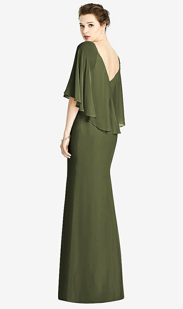 Back View - Olive Green V-Back Trumpet Gown with Draped Cape Overlay