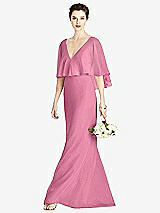 Front View Thumbnail - Orchid Pink V-Back Trumpet Gown with Draped Cape Overlay