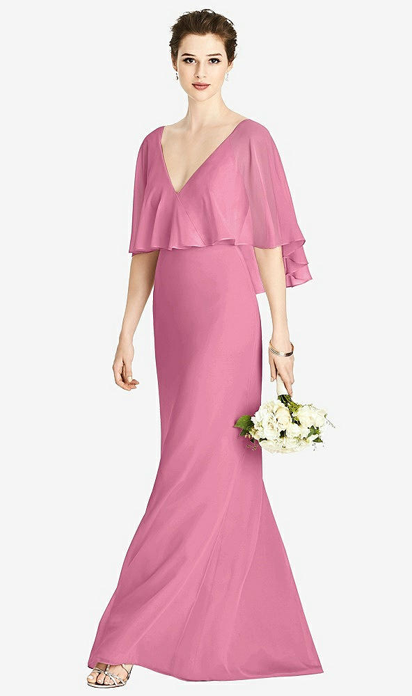 Front View - Orchid Pink V-Back Trumpet Gown with Draped Cape Overlay