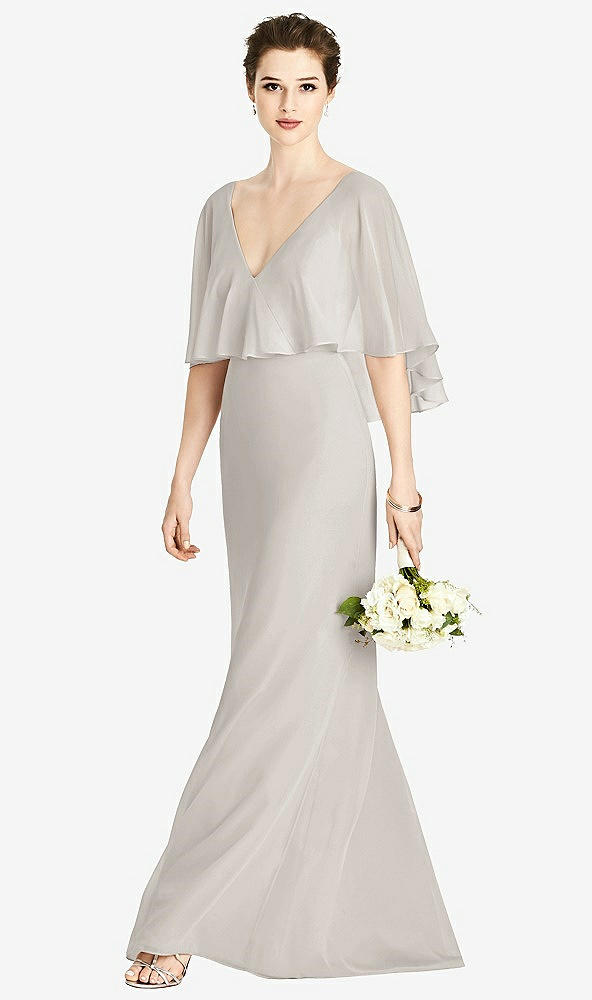 Front View - Oyster V-Back Trumpet Gown with Draped Cape Overlay