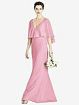 Front View Thumbnail - Peony Pink V-Back Trumpet Gown with Draped Cape Overlay