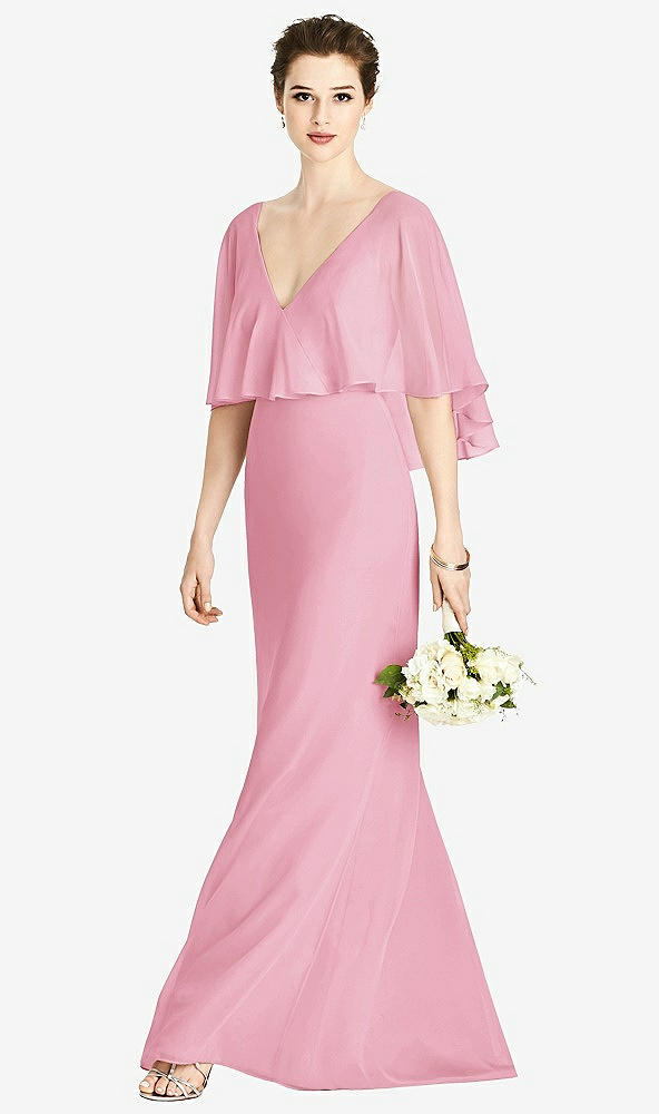 Front View - Peony Pink V-Back Trumpet Gown with Draped Cape Overlay