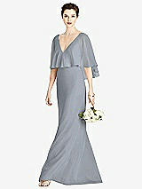 Front View Thumbnail - Platinum V-Back Trumpet Gown with Draped Cape Overlay