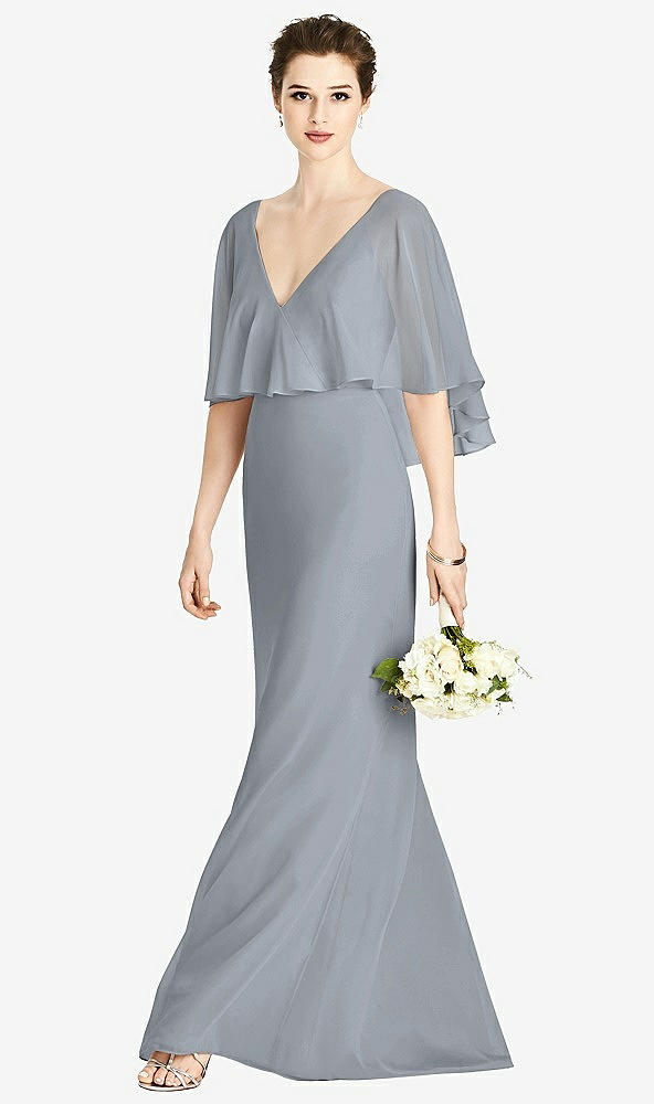 Front View - Platinum V-Back Trumpet Gown with Draped Cape Overlay