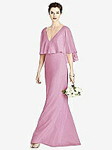 Front View Thumbnail - Powder Pink V-Back Trumpet Gown with Draped Cape Overlay