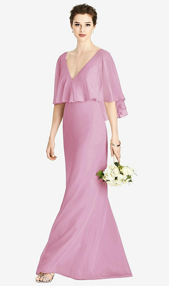 Front View - Powder Pink V-Back Trumpet Gown with Draped Cape Overlay