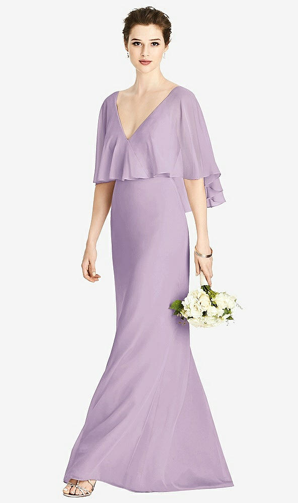 Front View - Pale Purple V-Back Trumpet Gown with Draped Cape Overlay