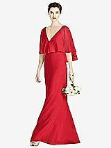 Front View Thumbnail - Parisian Red V-Back Trumpet Gown with Draped Cape Overlay