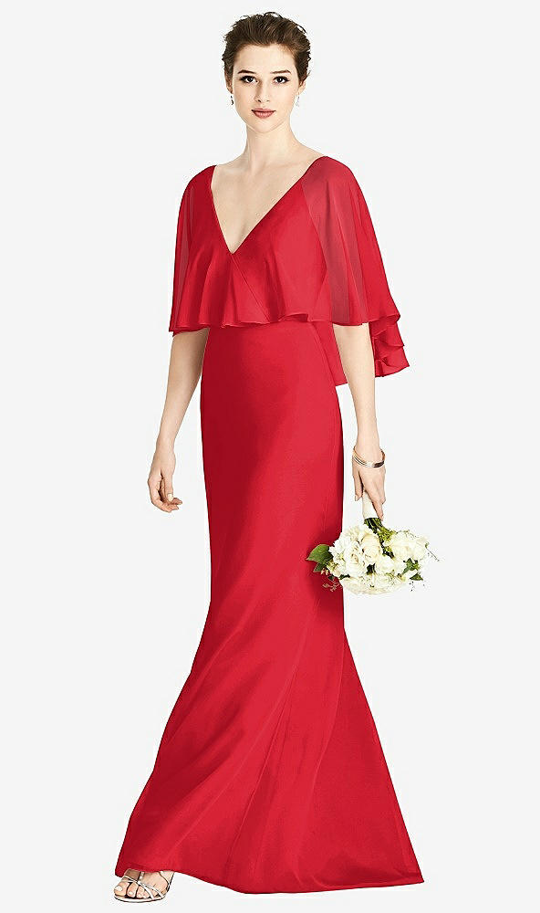 Front View - Parisian Red V-Back Trumpet Gown with Draped Cape Overlay