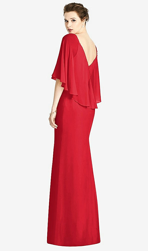Back View - Parisian Red V-Back Trumpet Gown with Draped Cape Overlay
