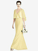 Front View Thumbnail - Pale Yellow V-Back Trumpet Gown with Draped Cape Overlay