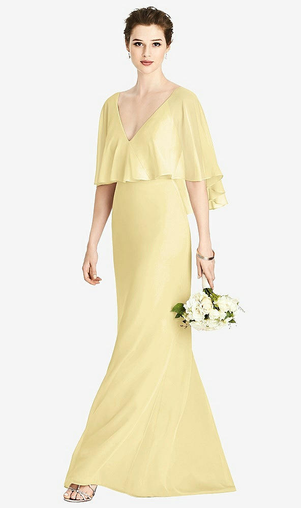Front View - Pale Yellow V-Back Trumpet Gown with Draped Cape Overlay