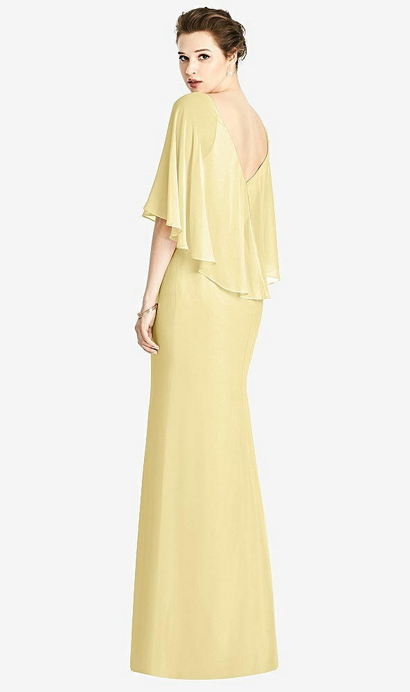 Back View - Pale Yellow V-Back Trumpet Gown with Draped Cape Overlay