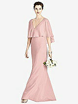 Front View Thumbnail - Rose - PANTONE Rose Quartz V-Back Trumpet Gown with Draped Cape Overlay