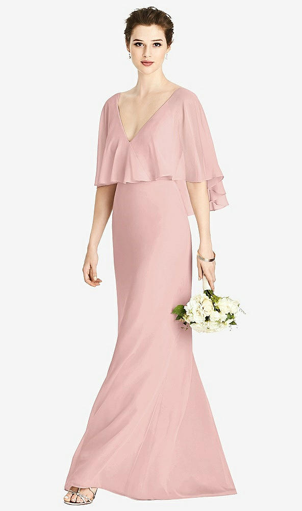 Front View - Rose - PANTONE Rose Quartz V-Back Trumpet Gown with Draped Cape Overlay