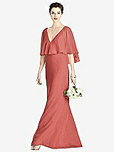 Front View Thumbnail - Coral Pink V-Back Trumpet Gown with Draped Cape Overlay