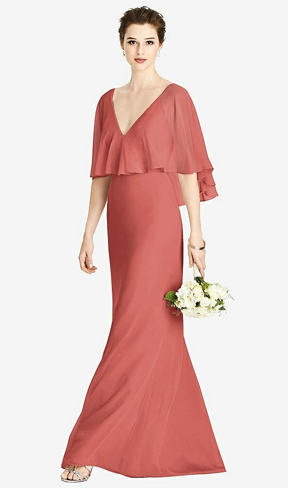 Front View - Coral Pink V-Back Trumpet Gown with Draped Cape Overlay