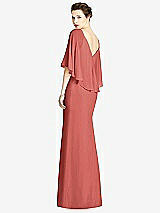 Rear View Thumbnail - Coral Pink V-Back Trumpet Gown with Draped Cape Overlay