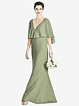 Front View Thumbnail - Sage V-Back Trumpet Gown with Draped Cape Overlay