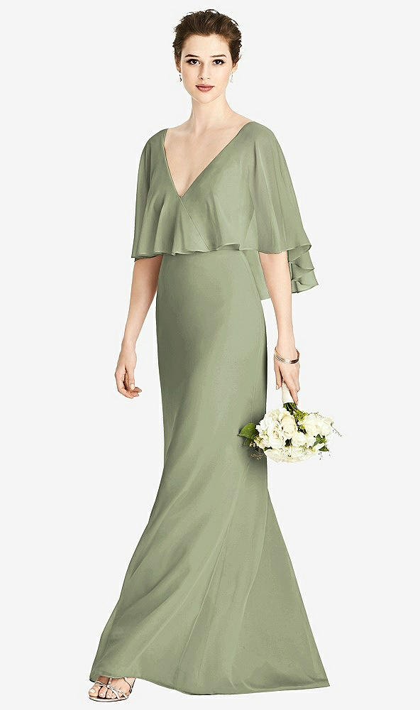 Front View - Sage V-Back Trumpet Gown with Draped Cape Overlay