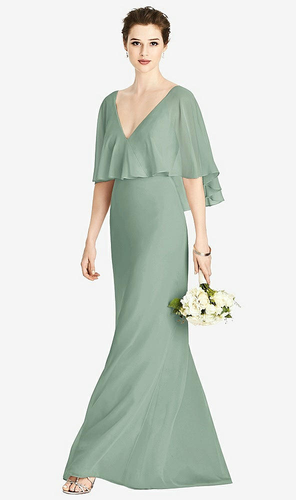 Front View - Seagrass V-Back Trumpet Gown with Draped Cape Overlay