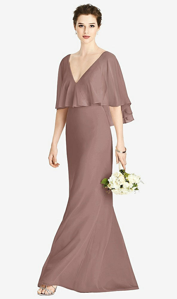 Front View - Sienna V-Back Trumpet Gown with Draped Cape Overlay