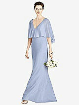 Front View Thumbnail - Sky Blue V-Back Trumpet Gown with Draped Cape Overlay