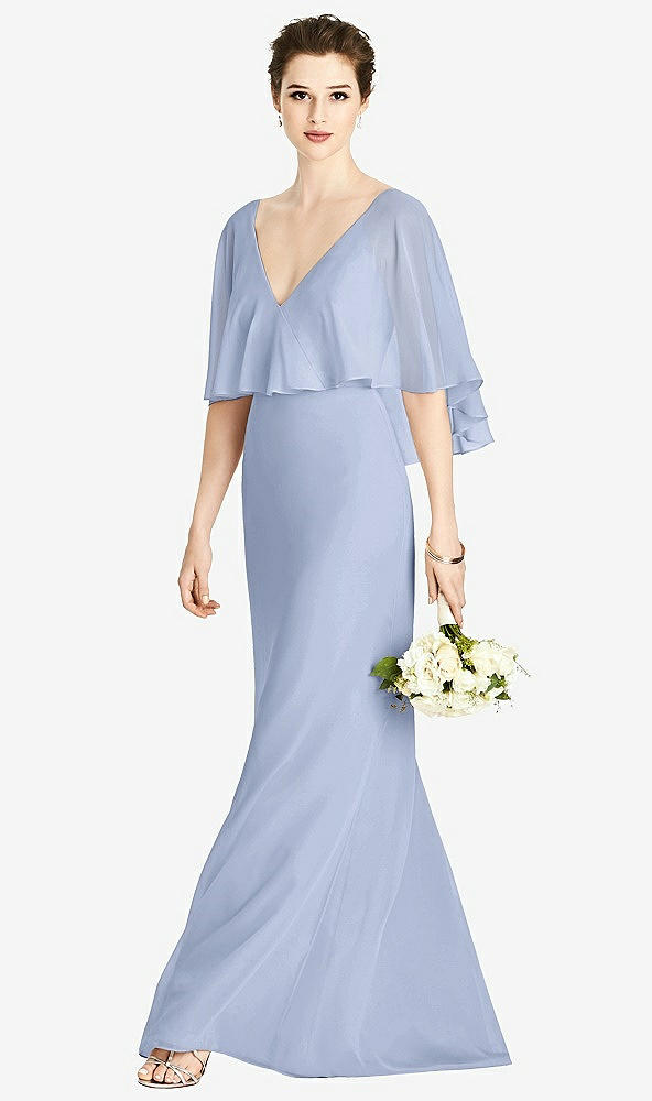 Front View - Sky Blue V-Back Trumpet Gown with Draped Cape Overlay