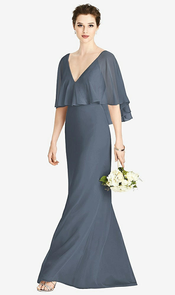 Front View - Silverstone V-Back Trumpet Gown with Draped Cape Overlay