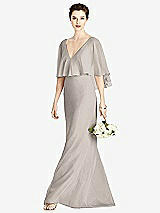 Front View Thumbnail - Taupe V-Back Trumpet Gown with Draped Cape Overlay