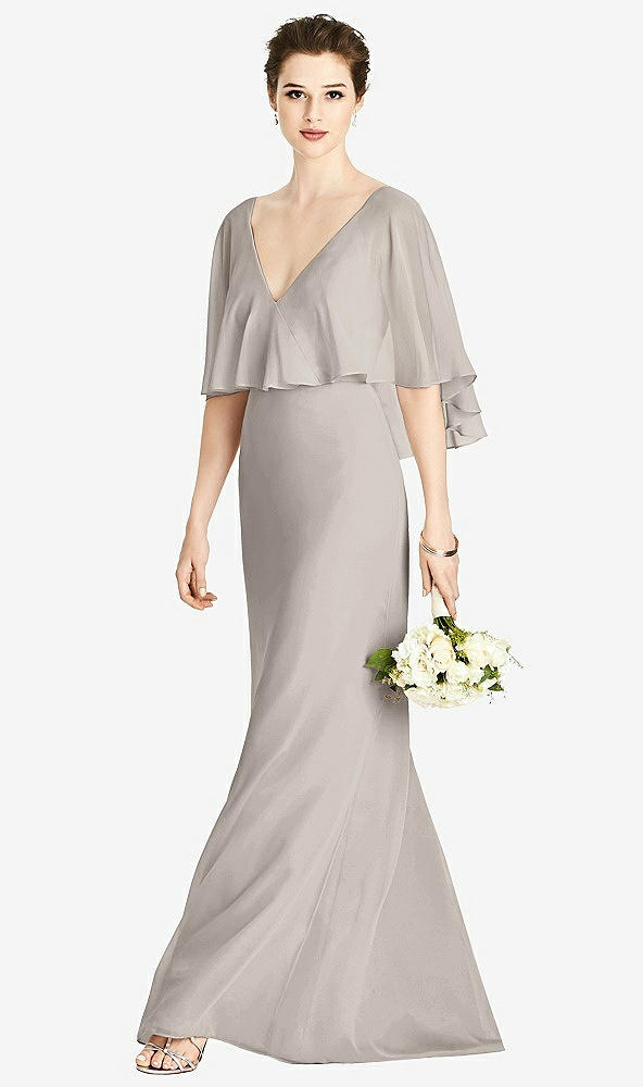 Front View - Taupe V-Back Trumpet Gown with Draped Cape Overlay