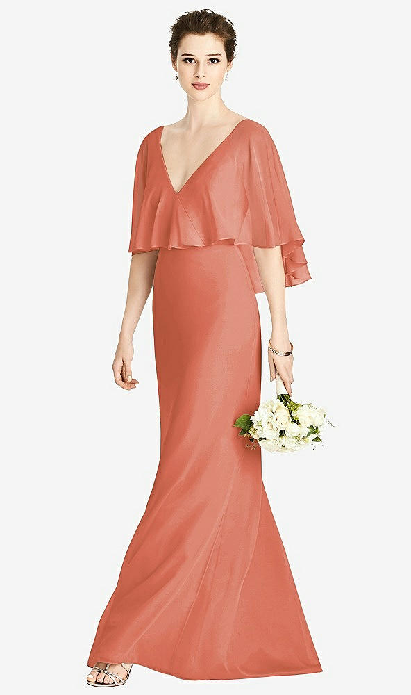 Front View - Terracotta Copper V-Back Trumpet Gown with Draped Cape Overlay