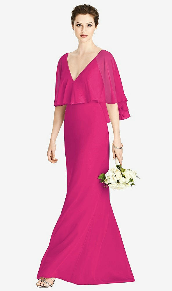 Front View - Think Pink V-Back Trumpet Gown with Draped Cape Overlay