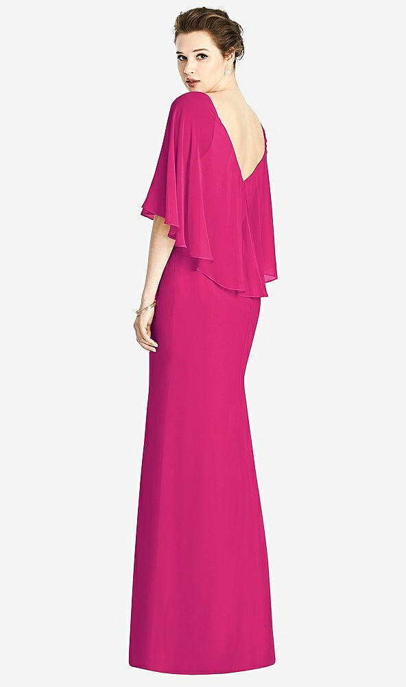 Back View - Think Pink V-Back Trumpet Gown with Draped Cape Overlay
