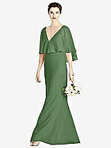 Front View Thumbnail - Vineyard Green V-Back Trumpet Gown with Draped Cape Overlay