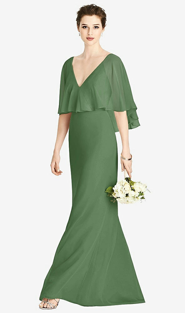 Front View - Vineyard Green V-Back Trumpet Gown with Draped Cape Overlay