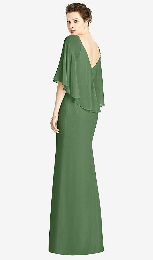 Back View - Vineyard Green V-Back Trumpet Gown with Draped Cape Overlay