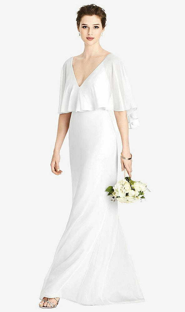 Front View - White V-Back Trumpet Gown with Draped Cape Overlay