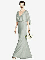 Front View Thumbnail - Willow Green V-Back Trumpet Gown with Draped Cape Overlay