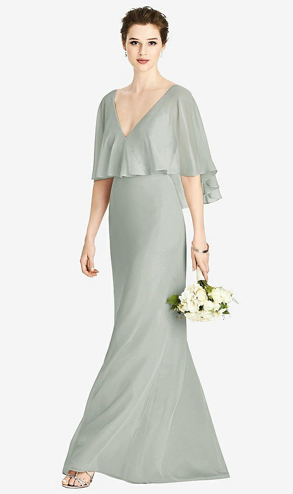 Front View - Willow Green V-Back Trumpet Gown with Draped Cape Overlay