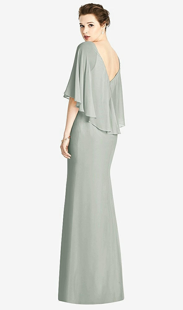 Back View - Willow Green V-Back Trumpet Gown with Draped Cape Overlay