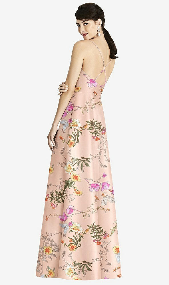 Back View - Butterfly Botanica Pink Sand Criss Cross Back Floral Satin Maxi Dress with Full A-Line Skirt