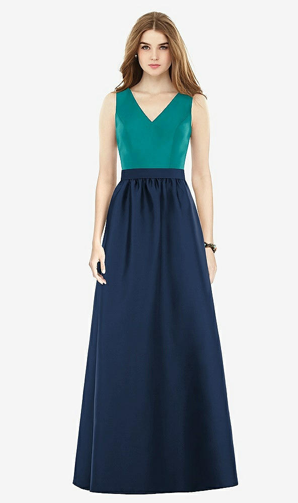 Front View - Midnight Navy & Jade Alfred Sung Bridesmaid Dress D752