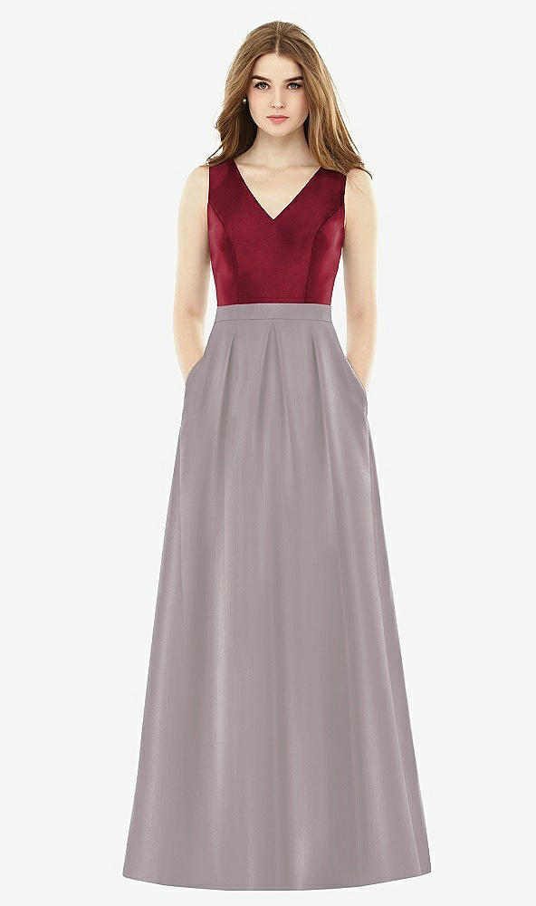 Front View - Cashmere Gray & Burgundy Alfred Sung Bridesmaid Dress D753